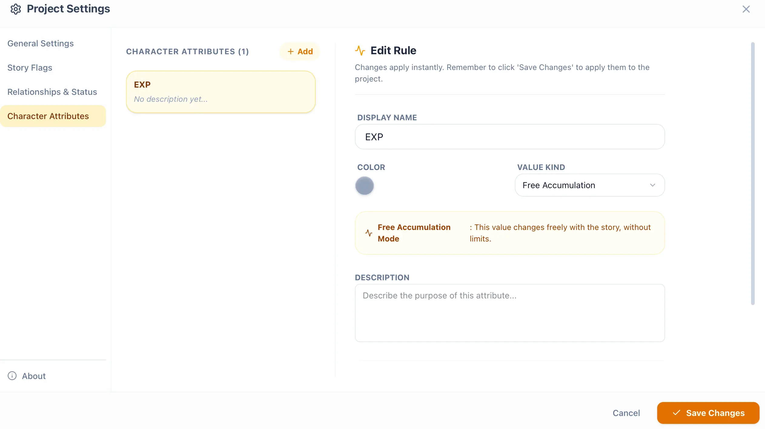 Character Attributes Project Settings Window