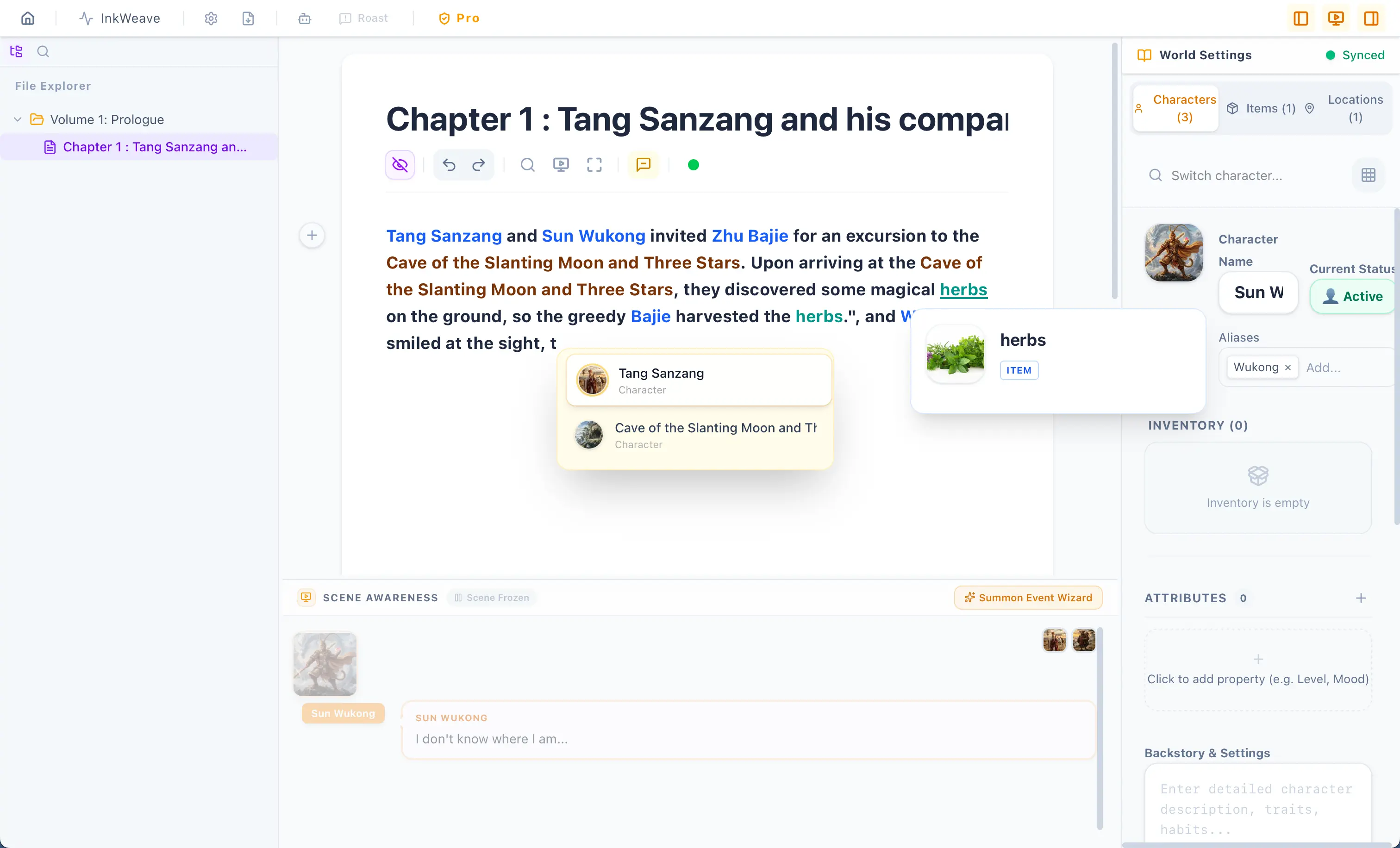 Create entities like Character, Item, Location