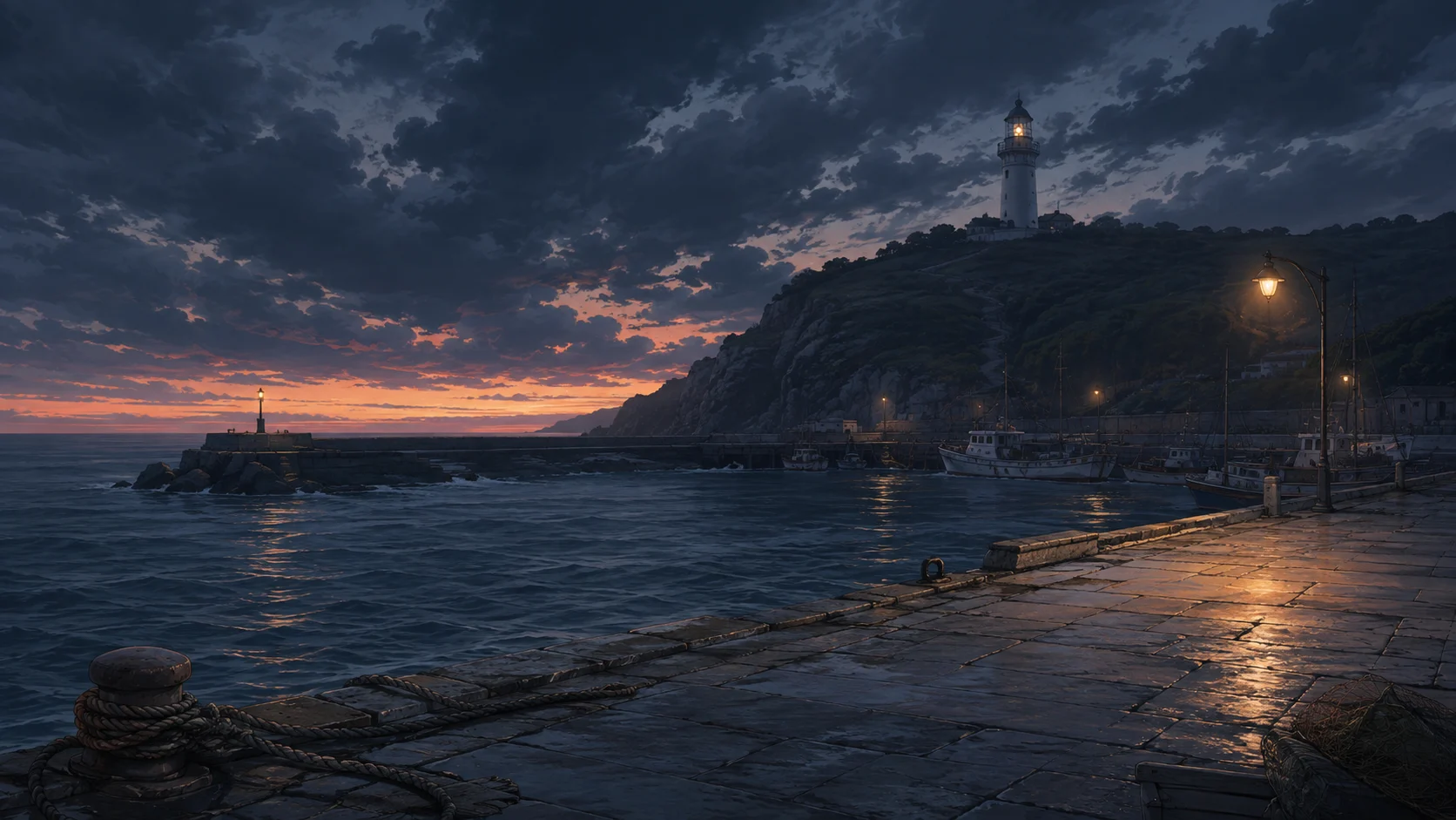 A harbor dock before a storm